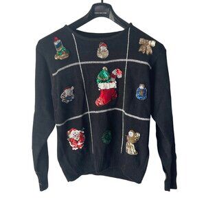 VTG Gladys Bagley Black "Ugly" Christmas Sweater Sequined & Beaded Womens L/XL